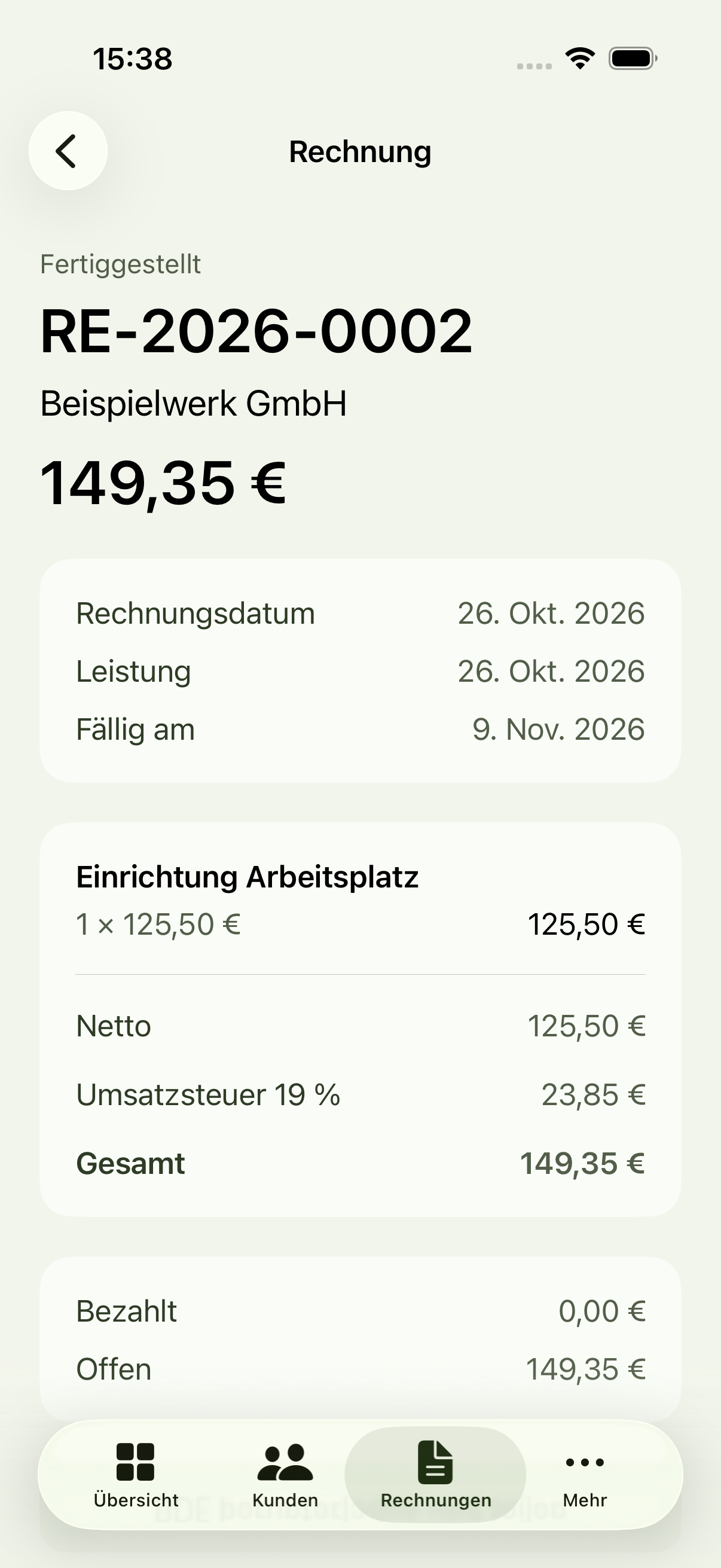 Echte Rechnungszeit-App: Beispielrechnung mit Positionen, Umsatzsteuer und offenem Betrag